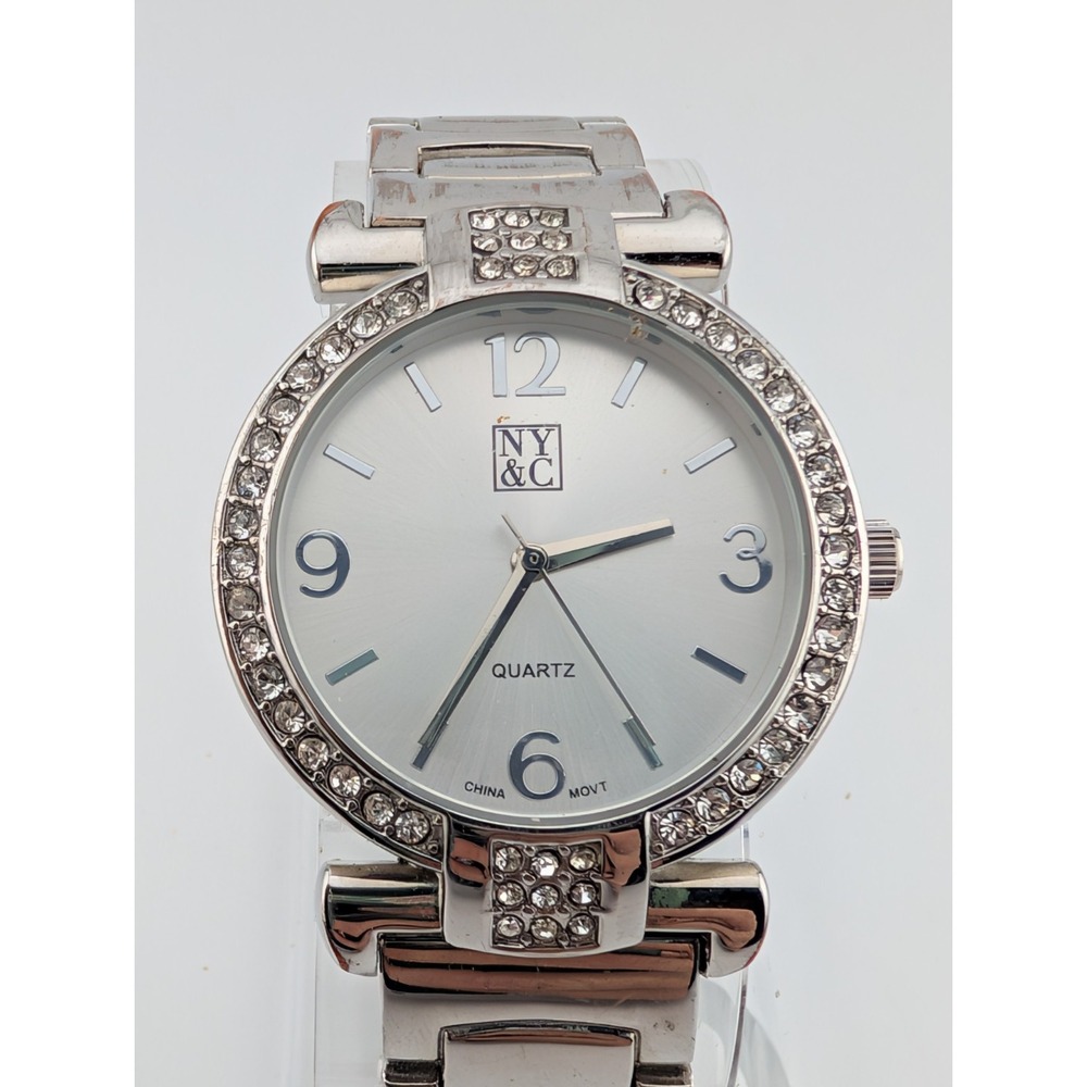 NY&C Watch Women 36mm Silver Case Crystal Bezel 7.25" Band-‎ New Battery